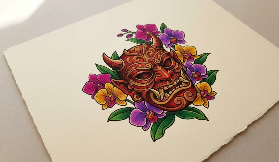 Mask in blooming orchids